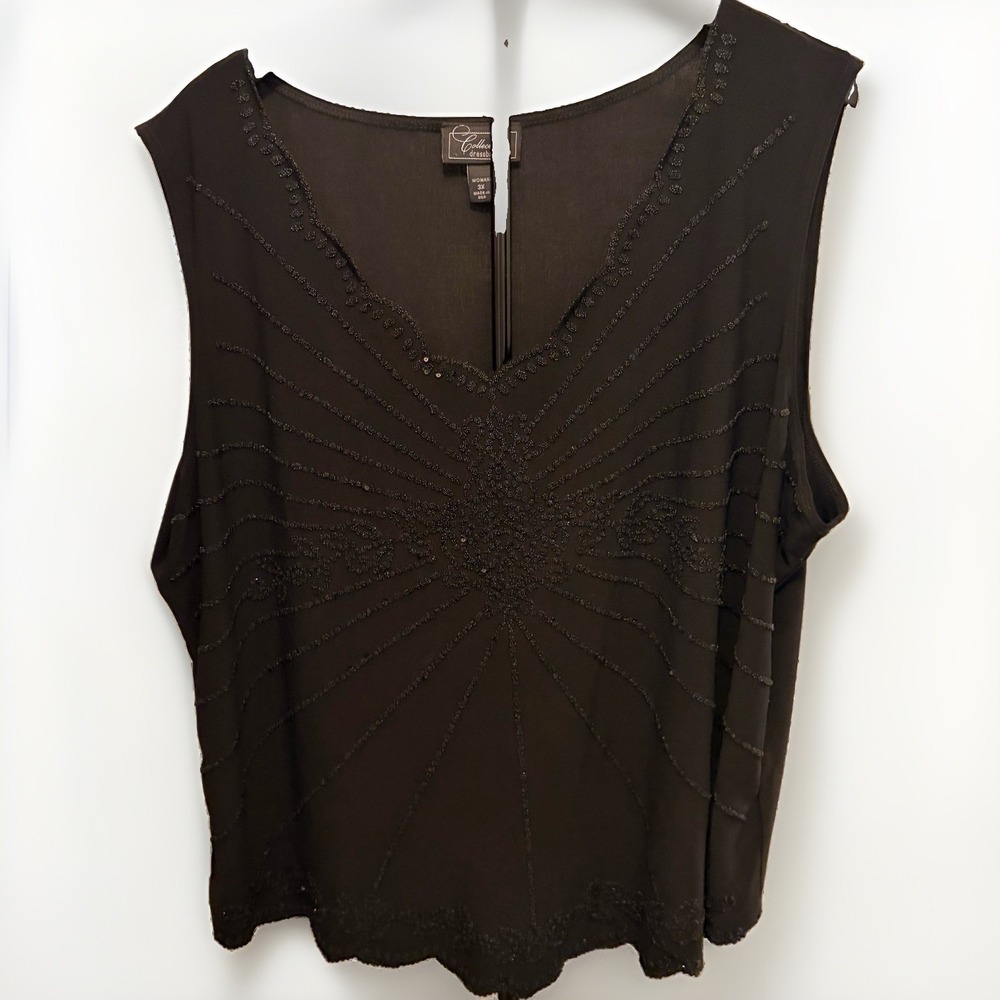 Dressbarn Woman 18/20 3X Black Beaded Sleeveless V Neck Top Whimsigoth Y2K Retro